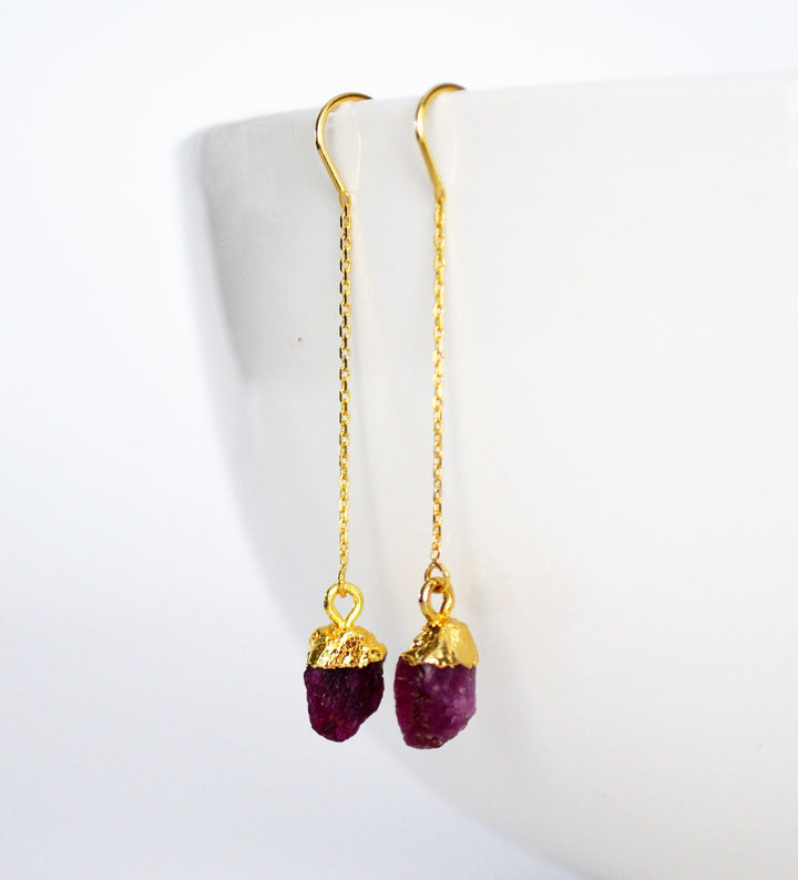 Raw Ruby Threader Earrings, Ruby Birthstone, July Birthday Gift