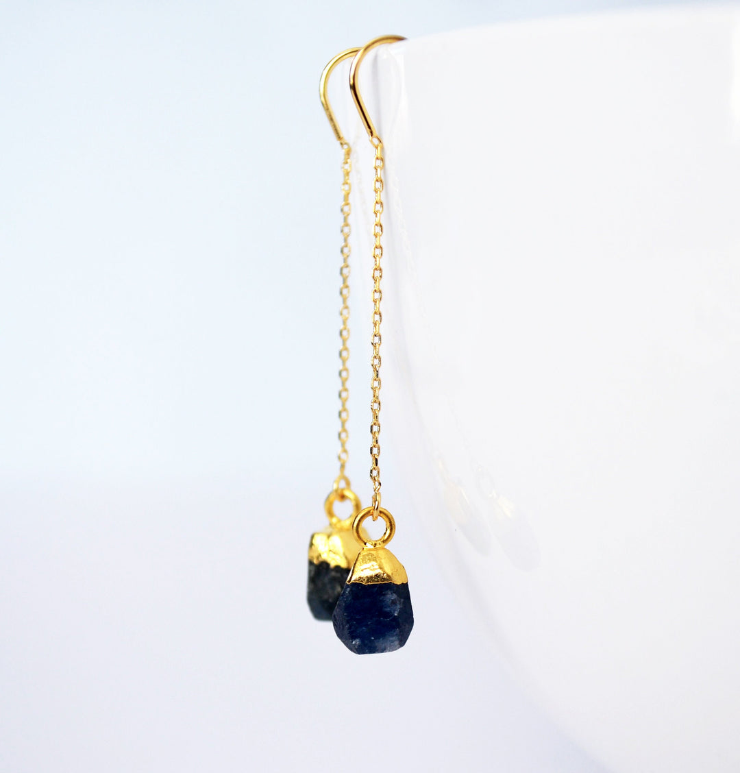 Raw Sapphire Threader Earrings, Sapphire Birthstone , September Birthday Gift