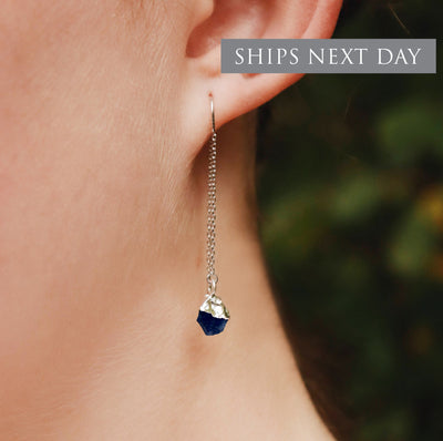 Raw Sapphire Threader Earrings, Sapphire Birthstone , September Birthday Gift