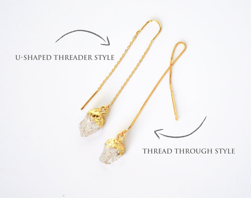 Raw Herkimer Diamond Threader Earrings, Diamond Birthstone, April Birthday Gift