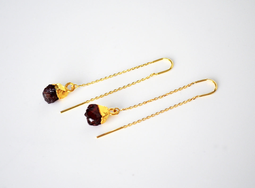 Raw Genuine Garnet Threader Earrings, Garnet Birthstone, January Birthday Gift