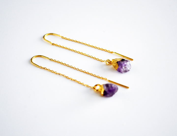 Raw Genuine Amethyst Threader Earrings, Amethyst Birthstone, February Birthday Gift