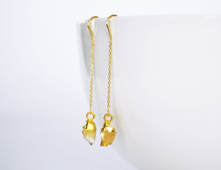 Raw Citrine Threader Earrings, Citrine Birthstone, November Birthday Gift