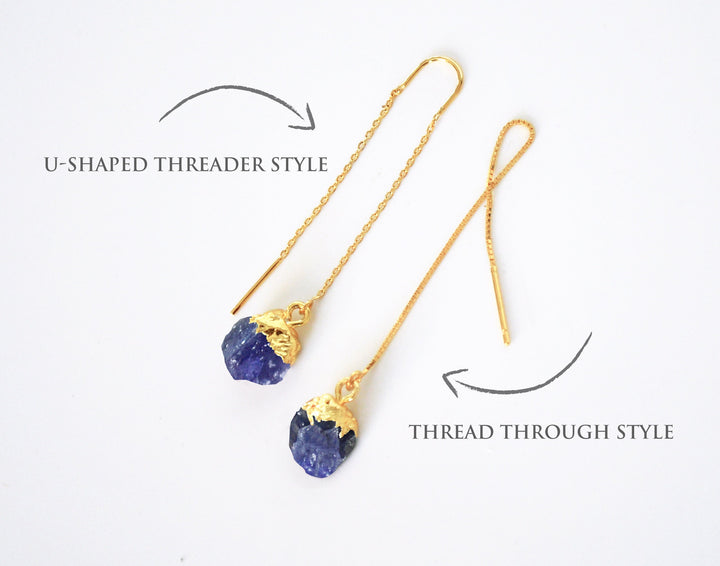 Raw Tanzanite Threader Earrings, Tanzanite Birthstone, December Birthday Gift