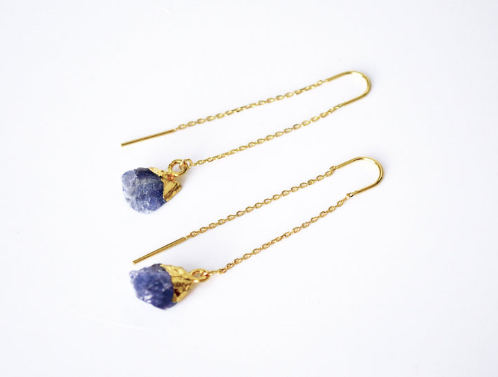 Raw Tanzanite Threader Earrings, Tanzanite Birthstone, December Birthday Gift