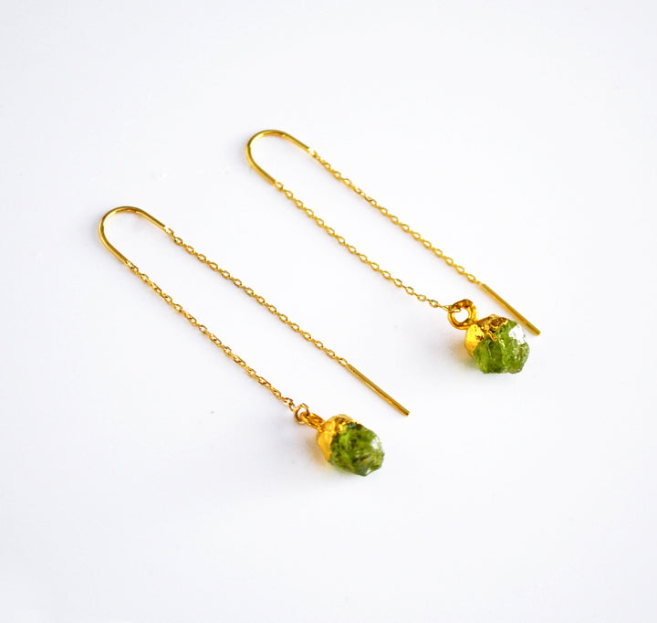 Raw Peridot Threader Earrings, Peridot Birthstone, August Birthday Gift