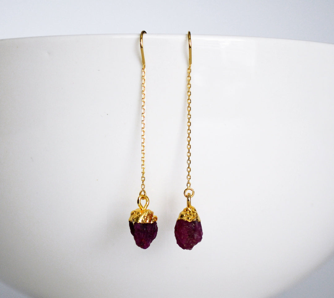 Raw Ruby Threader Earrings, Ruby Birthstone, July Birthday Gift