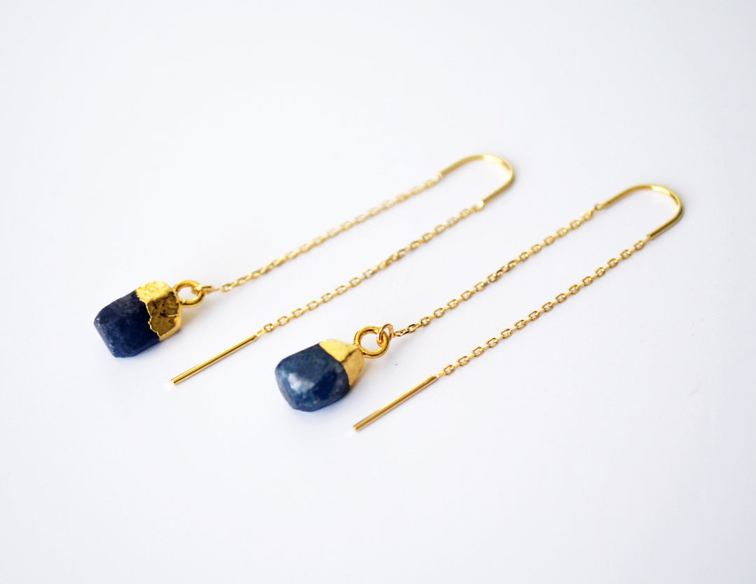 Raw Sapphire Threader Earrings, Sapphire Birthstone , September Birthday Gift