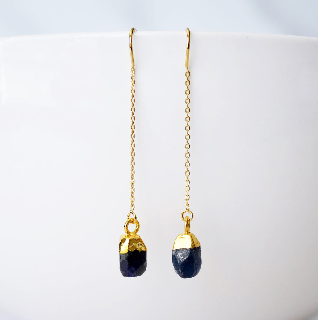 Raw Sapphire Threader Earrings, Sapphire Birthstone , September Birthday Gift