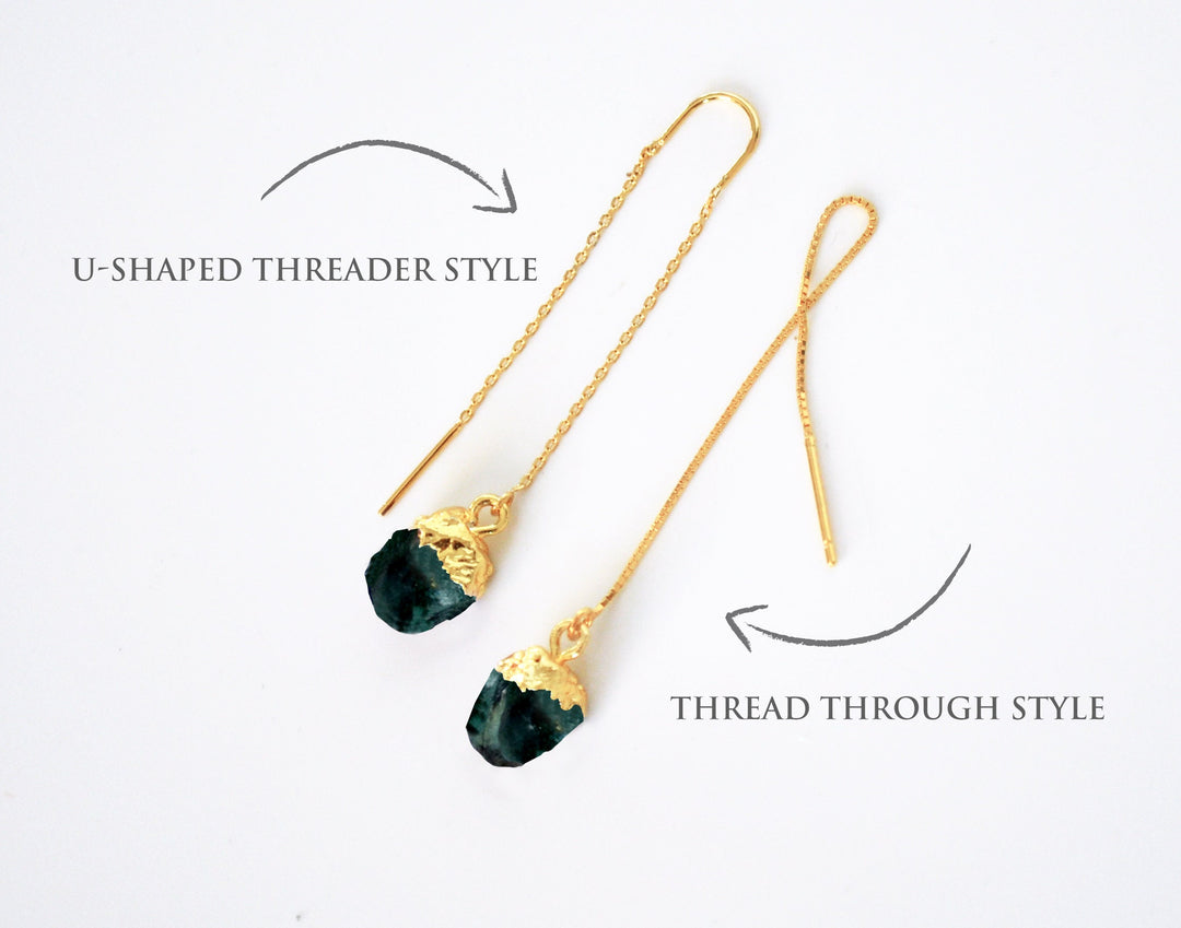 Raw Emerald Threader Earrings, Emerald Birthstone, May Birthday Gift