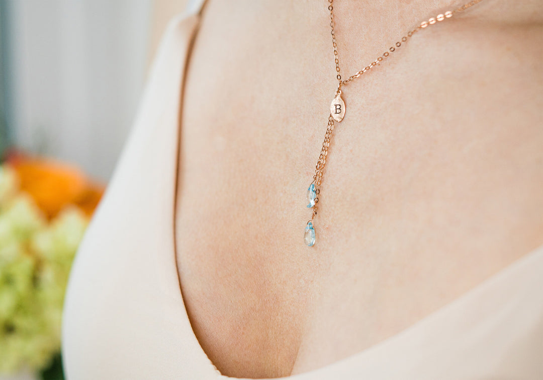 Dainty Personalized Aquamarine Drop Necklace with Custom Initial