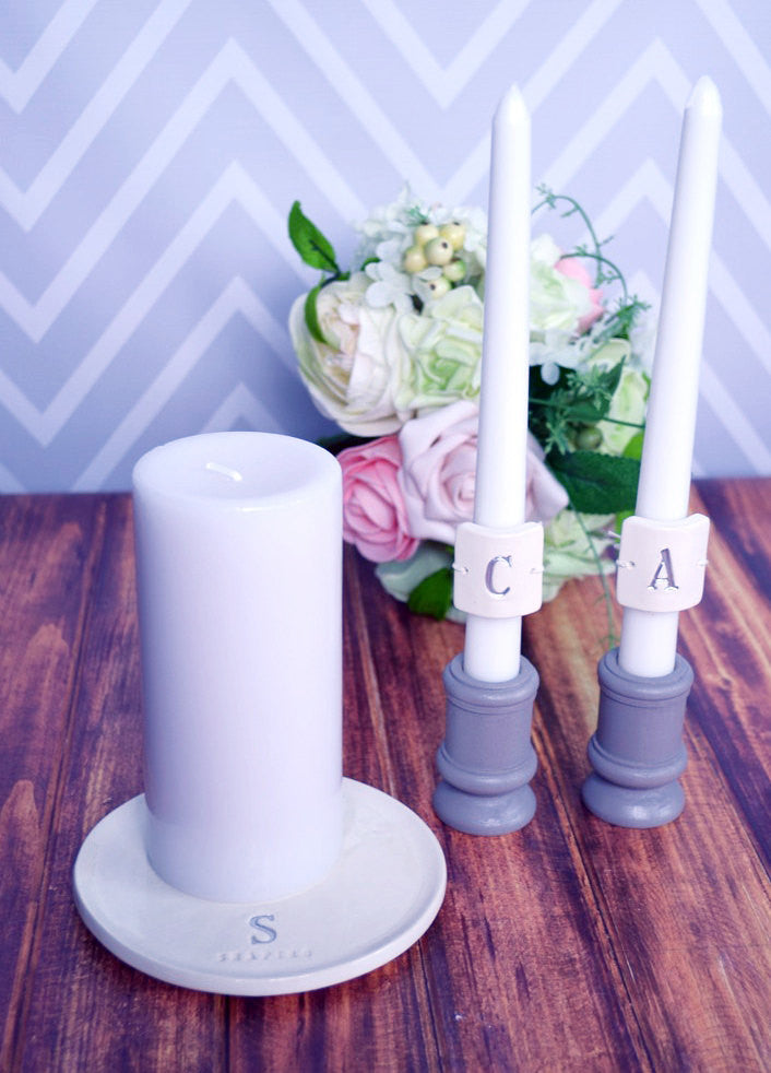 Round PERSONALIZED Unity Candle Ceremony Set Monogrammed - with candle holders
