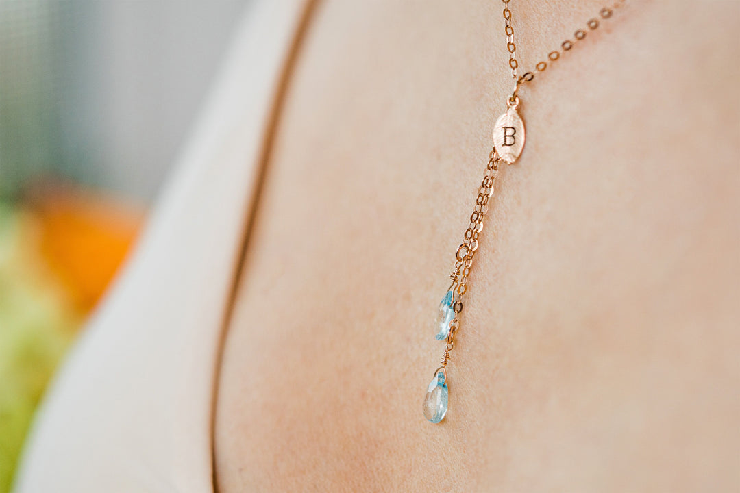 Dainty Personalized Aquamarine Drop Necklace with Custom Initial