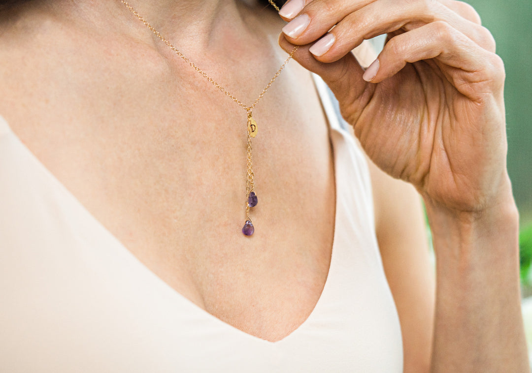 Dainty Personalized Febraury Amethyst Drop Necklace