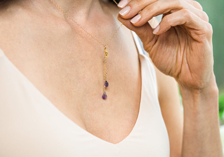 Dainty Personalized Febraury Amethyst Drop Necklace