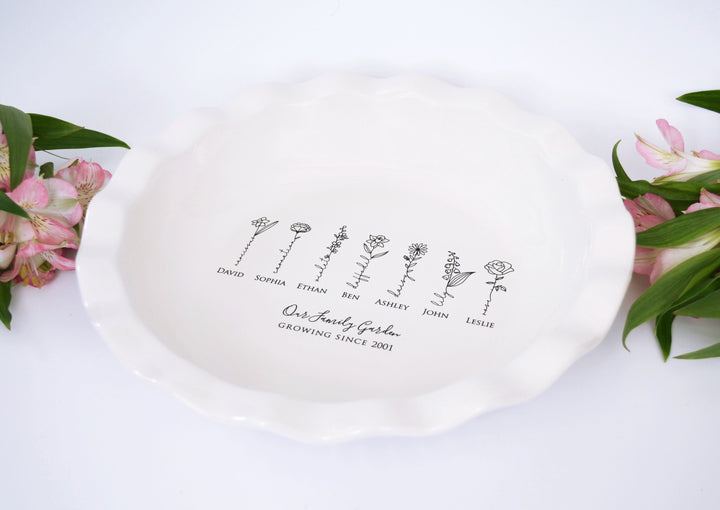 Pie Plate with Birth Flowers and Names, Family Garden Personalized Pie Dish