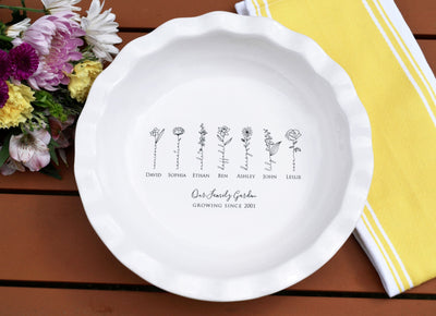 Pie Plate with Birth Flowers and Names, Family Garden Personalized Pie Dish