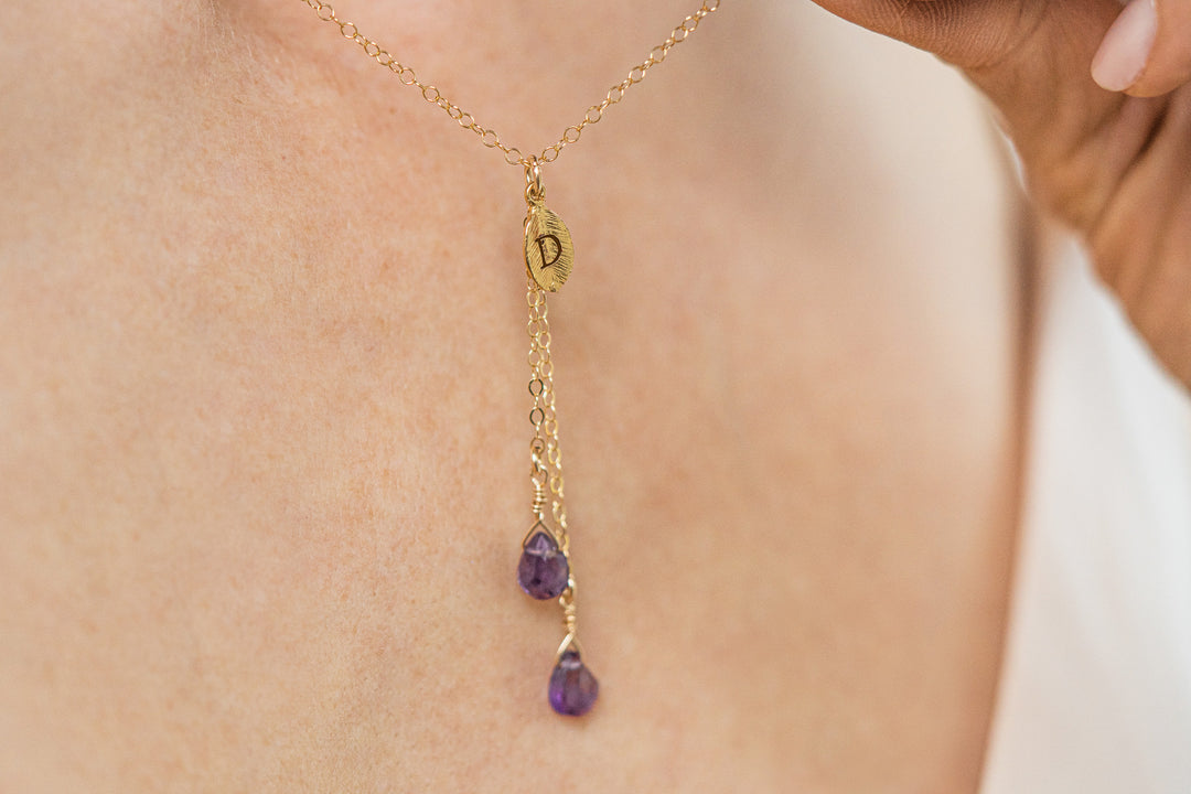 Dainty Personalized Febraury Amethyst Drop Necklace