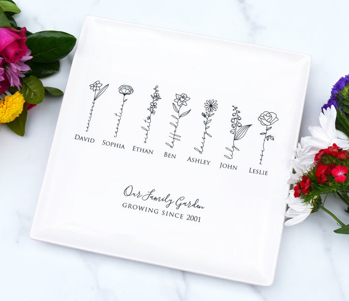 Garden of Love Flower Platter with Family Birth Flowers - Square