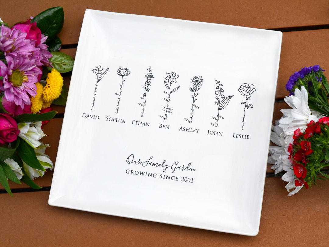 Garden of Love Flower Platter with Family Birth Flowers - Square