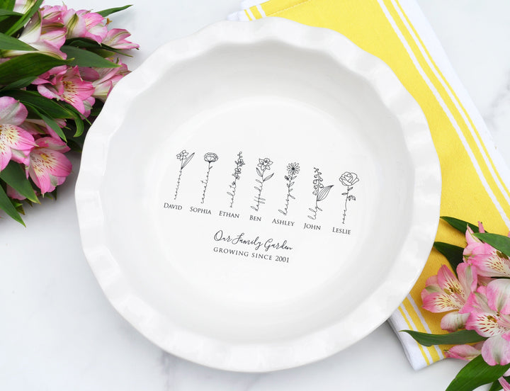 Pie Plate with Birth Flowers and Names, Family Garden Personalized Pie Dish