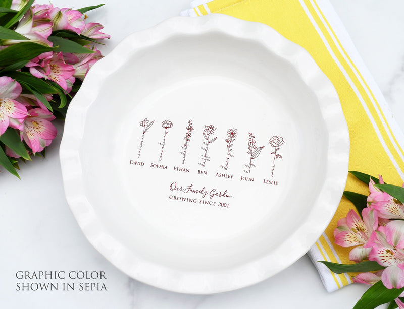 Pie Plate with Birth Flowers and Names, Family Garden Personalized Pie Dish