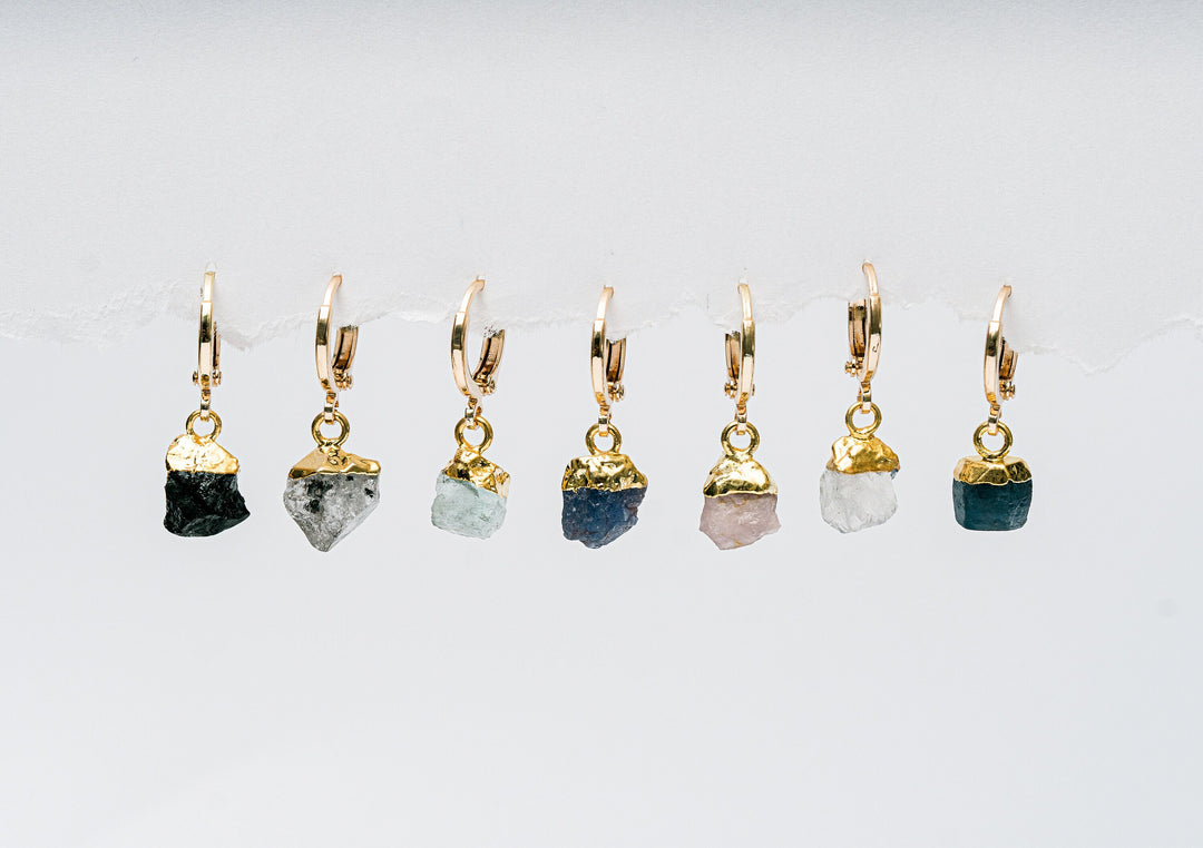 Raw Birthstone Huggie Earrings, Raw Crystal Hoops Earrings