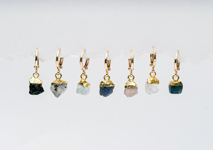Raw Birthstone Huggie Earrings, Raw Crystal Hoops Earrings