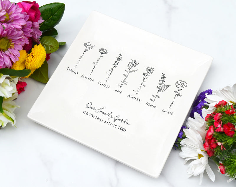 Large Garden of Love Flower Platter with Family Birth Flowers - Square