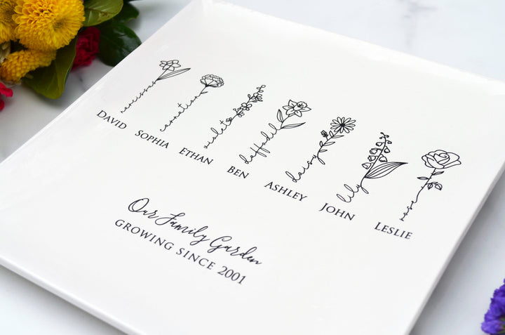 Large Garden of Love Flower Platter with Family Birth Flowers - Square