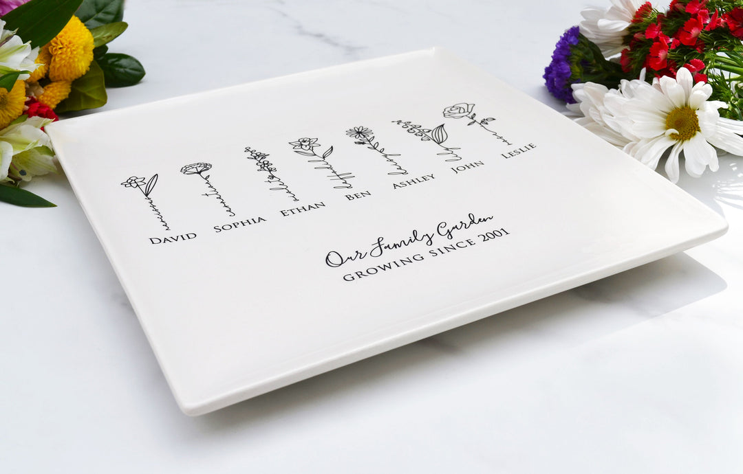 Large Garden of Love Flower Platter with Family Birth Flowers - Square