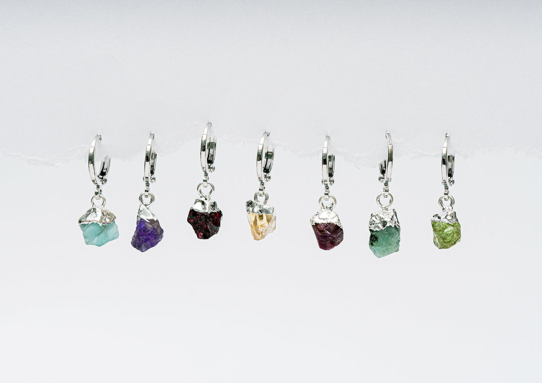 Raw Birthstone Huggie Earrings, Raw Crystal Hoops Earrings