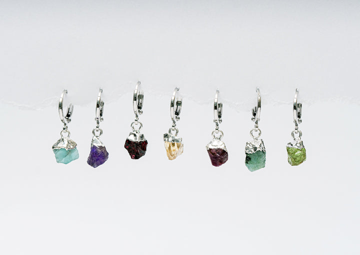 Raw Birthstone Huggie Earrings, Raw Crystal Hoops Earrings