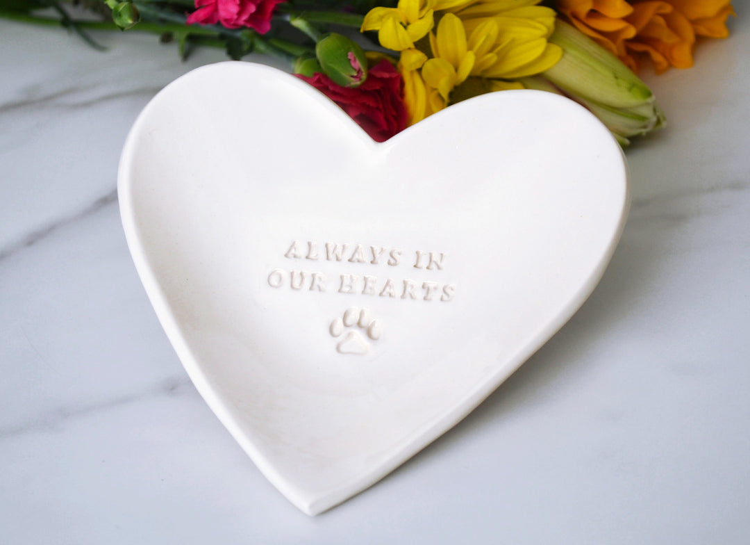 Dog Sympathy Gift - Always in our Hearts - Heart Shaped Bowl with Paw Print - READY TO SHIP