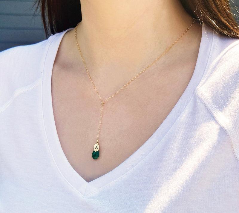 Dainty Personalized Green Onyx Drop Necklace with Custom Initial