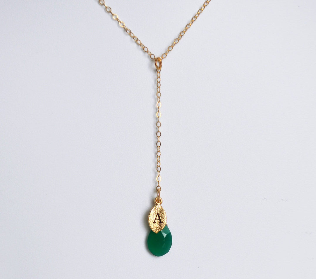 Dainty Personalized Green Onyx Drop Necklace with Custom Initial