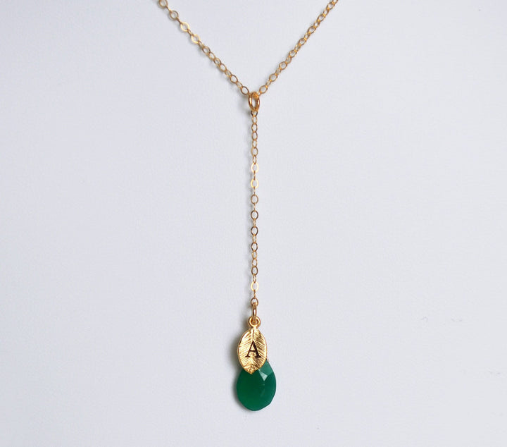 Dainty Personalized Green Onyx Drop Necklace with Custom Initial