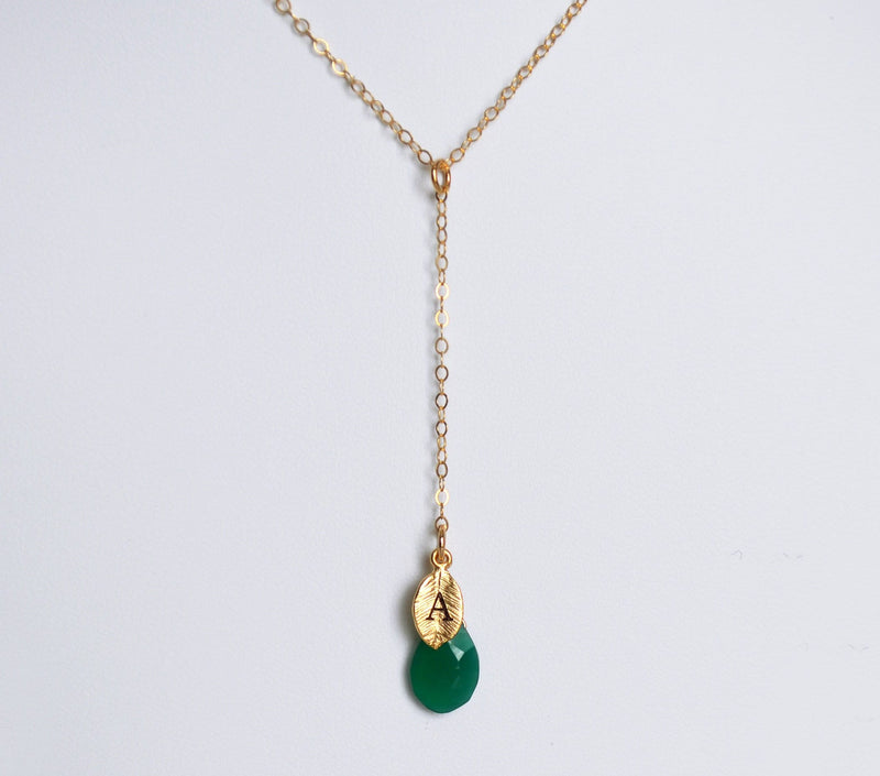 Dainty Personalized Green Onyx Drop Necklace with Custom Initial