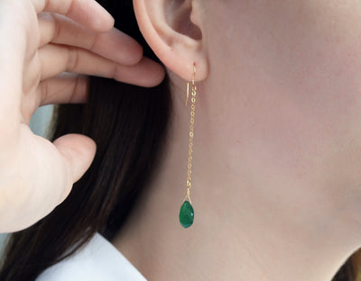 Dainty Green Onyx Drop Birthstone Earrings