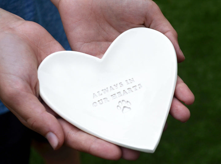 Dog Sympathy Gift - Always in our Hearts - Heart Shaped Bowl with Paw Print - READY TO SHIP