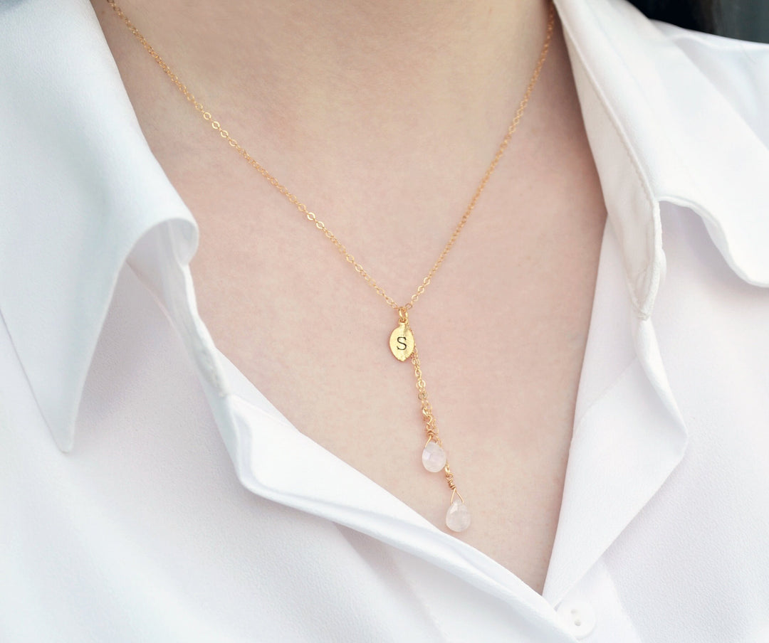 Dainty Personalized Moonstone Drop Necklace with Custom Initial