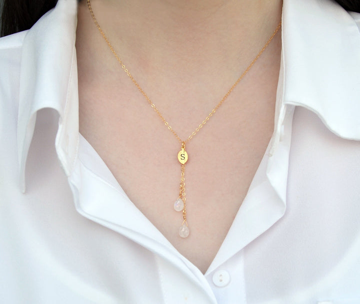 Dainty Personalized Moonstone Drop Necklace with Custom Initial