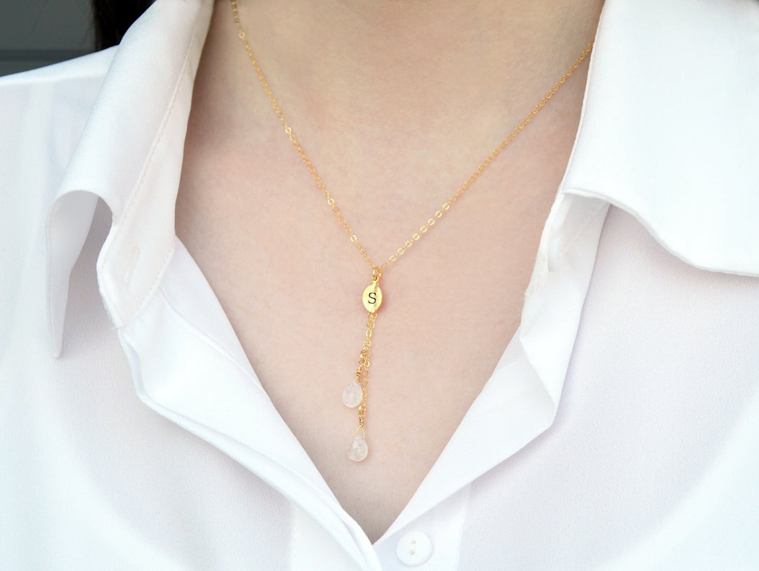 Dainty Personalized Moonstone Drop Necklace with Custom Initial