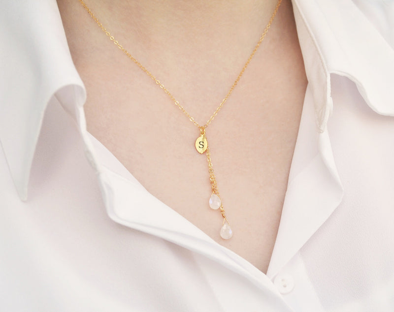 Dainty Personalized Moonstone Drop Necklace with Custom Initial