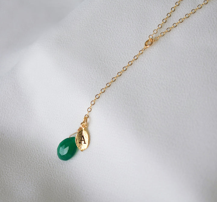 Dainty Personalized Green Onyx Drop Necklace with Custom Initial