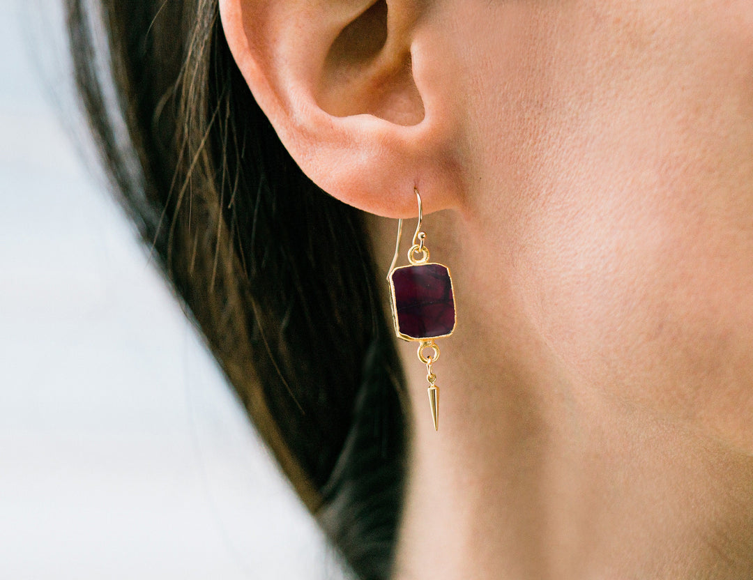 Garnet Gemstone Slice Earrings, Raw Birthstone Earrings