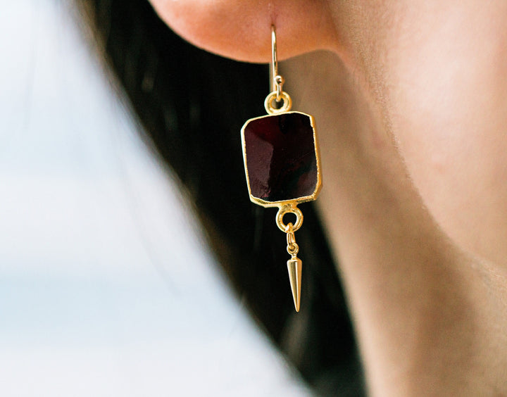 Garnet Gemstone Slice Earrings, Raw Birthstone Earrings