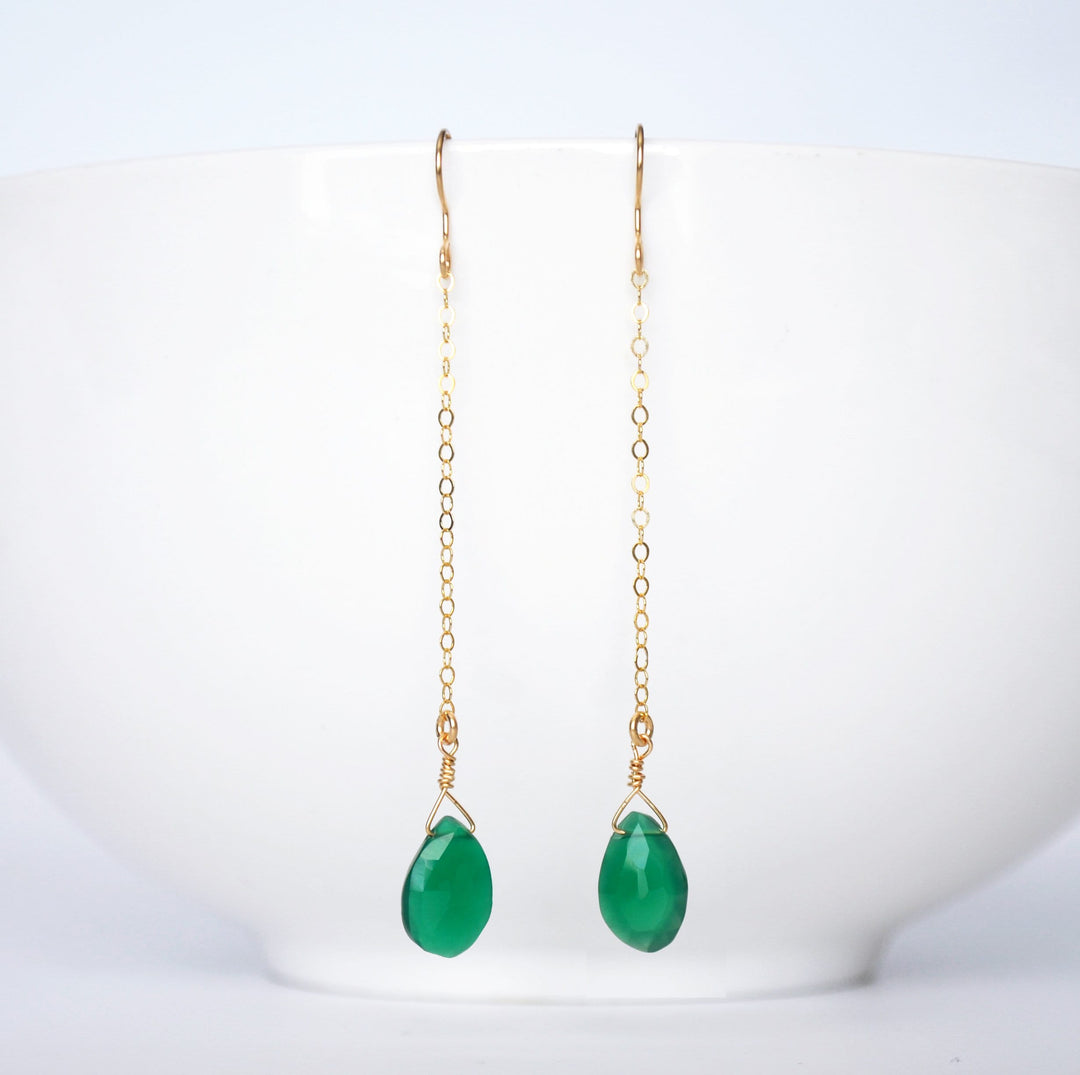 Dainty Green Onyx Drop Birthstone Earrings