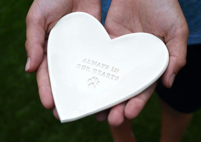 Dog Sympathy Gift - Always in our Hearts - Heart Shaped Bowl with Paw Print - READY TO SHIP