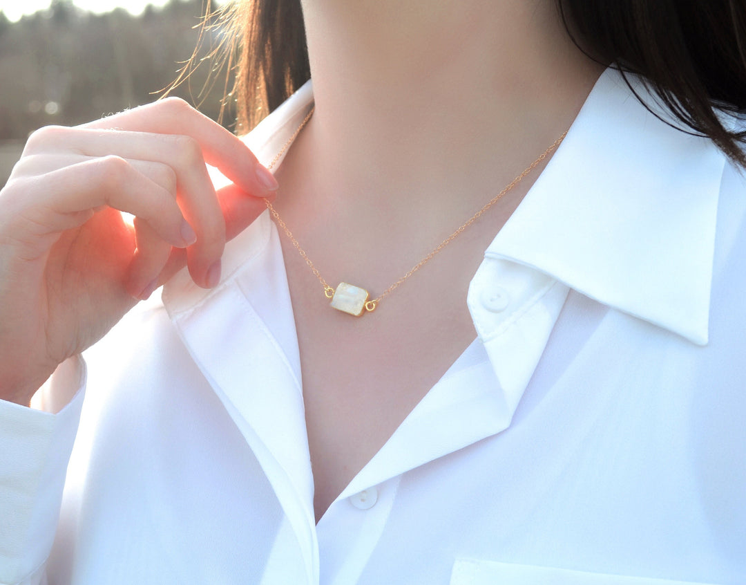 Moonstone Gemstone Slice Necklace, Raw Birthstone Necklace